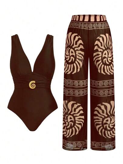 Swim Oasis Nuevo conjunto de 2 piezas de traje de baño de una pieza con cuello en V sexy y malla para mujer talla grande con pantalones estilizantes