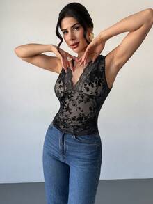 Firerie Elegant Lace Collar Splice Flocked Mesh Elastic Fabric Blouse For Women - Black - View 5