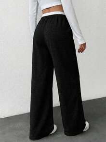SHEIN Cottnline Contrast Color Waist Tie Casual Loose Cotton Sweatpants Everyday Formal Black And White Summer - Black - View 2