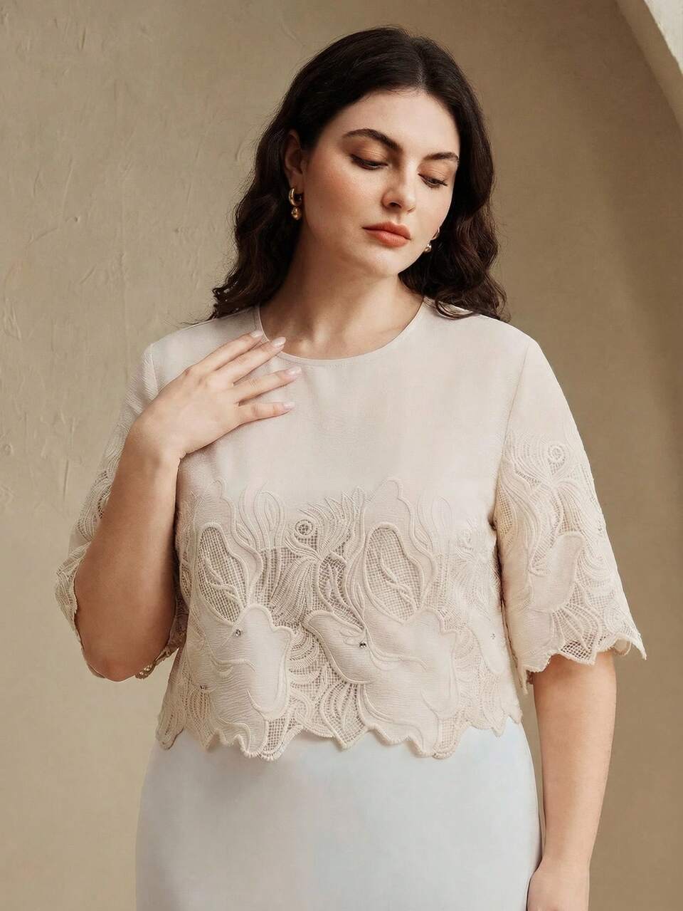Plus Size Women's New Elegant Vacation Heavily Embroidered & Rhinestone Decor Semi-Sheer Round Neck Short Sleeve Top