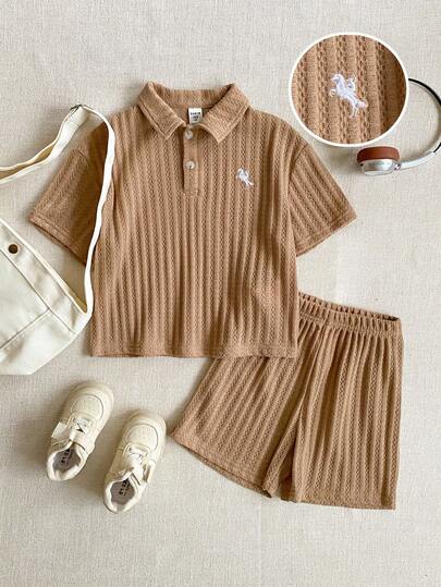 PrepCrw 2pcs Young Boys Elegant Urban School Style White Horse Embroidery Decor Khaki Brown Striped Polo Collar Short Sleeve Top And Shorts Set, Versatile For Casual, Outings, Gatherings, Festivals, Spring & Summer Tan Outfit Kids Boys Brown 2 Piece Set Boy Two Piece Set
