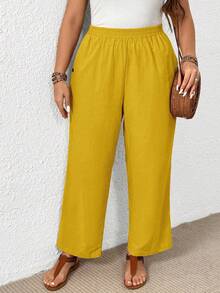 EMERY ROSE Plus Size Women Casual Mustard Yellow Linen Pants,Summer Boho Vacation Holiday Solid Color Elastic Waist Loose Wide Leg Trousers With Side Pockets - Yellow - View 7