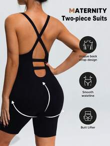 SHEIN Rompi Olahraga Hamil Warna Polos Elastis Bernapas, dengan Desain Cup. - Hitam - View 2