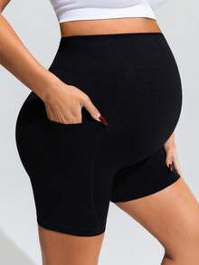 SHEIN 孕妇弹力纯色手机口袋运动短裤 - 黑色 - 查看 9