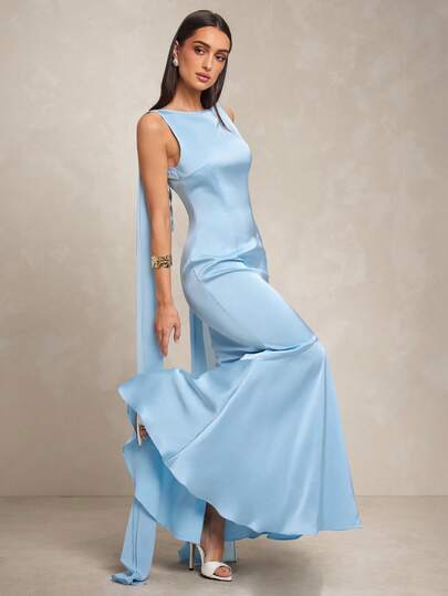 Silquee 性感荷叶边镂空连衣裙，露背鱼尾裙摆，女士连衣裙，蓝色醋酸纤维缎面高档晚礼服