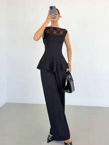 Siren Gaze Women's Lace Patchwork Cap Sleeve Top And Wide Leg Pants Casual Commuter Outfit Black Two Piece Set Women - Black - View 3