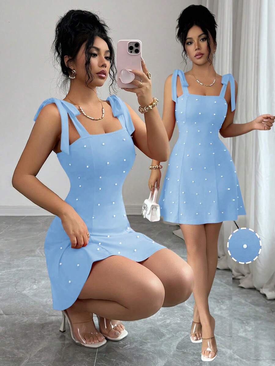 Rafferiza Women's Solid Color Elegant Unique Fashion Pearl Bow Decor Fitted A-Line Mini Dress - Blue - View 1