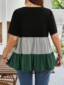 EMERY ROSE Plus Size Women's Black Colorblock Round Neck Short Sleeve Ruffle Hem Casual Tunic Tops,Summer Boho Vacation Blouses For Spring Mother's Day - Fresh Green - View 2