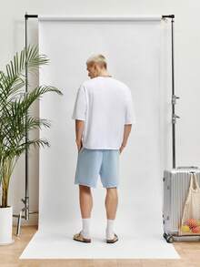 Manfinity Hypemode Men's Summer Vacation 2-Piece Set,White Round Neck Short Sleeve T-Shirt & Drawstring Shorts,Palm Tree Print Knit Holiday Outfit,Alt Cityboy - Multicolor - View 2