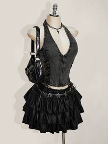 SHEIN ICON Y2k 女士复古哥特风性感露背夜店 Coachella 时尚休闲侧系带拉链前开襟吊带无袖上衣，夏季 - 灰色 - 查看 8