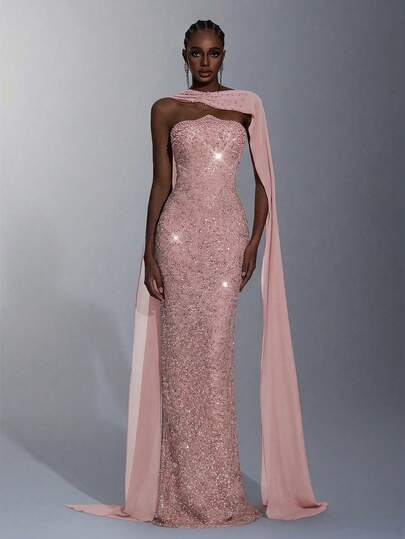 Elitara Elegant Minimalist Wasteland Style Crochet Sequin Asymmetrical Arc Bustier Luxurious Handmade Beaded High Waist Slim Fit Straight Skirt With Back Slit (Detachable Chiffon Flounce), Suitable For Various Formal Occasions Such As Evening Gowns, Dates, Weddings (Heavy Embellishment)