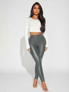 SHEIN Tall CURVE Plus Size Solid Color High Waist Slim Fit Casual Leggings - Grey - View 3