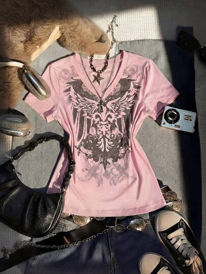 Glimmora Fashionable Y2K Graphic V-Neck Short Sleeve T-Shirt Top For Women