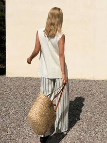 DAZY Women's Round Neck Sleeveless Slit Back Tank Top And Striped Loose Pants 2 Pieces Vacation Set - Beige - View 3