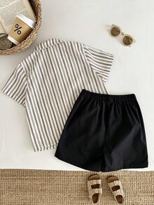 SHEIN 2pcs Young Boys Colorful Striped Polo Collar Short Sleeve Cardigan And Elastic Waist Shorts Set, Summer Clothes For School, Vacation, Spring - Multicolor - View 2