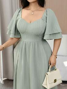 Feyla Plus Size Elegant Solid Color Waist Cinched Dress, Summer - Dusty Blue - View 4