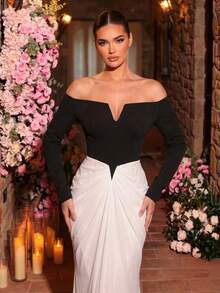 Glamrae Elegant Black And White Contrast Color Formal Evening Gown, Elastic Fabric Chiffon Ruffle Fishtail Hem Long Sleeve Wedding Guest Party Dress - Black and White - View 2