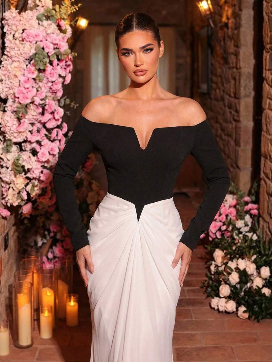 Glamrae Elegant Black And White Contrast Color Formal Evening Gown, Elastic Fabric Chiffon Ruffle Fishtail Hem Long Sleeve Wedding Guest Party Dress