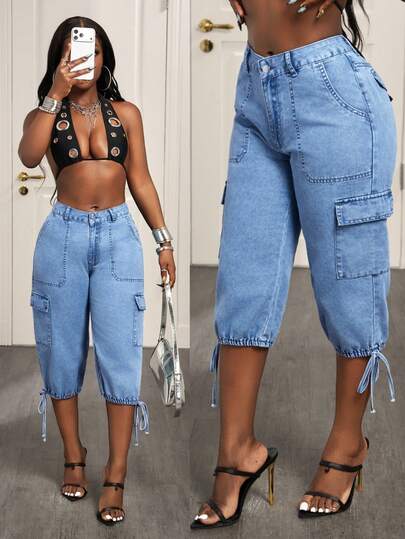 BamGleam Women's Pocketed Button Casual Denim Bermuda Shorts, Versatile For Daily Wear