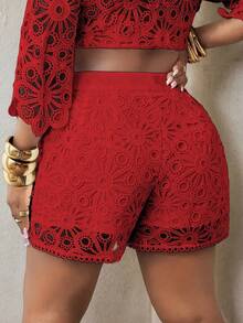 Maweii Valentine Plus Size Elegant Solid Color Lace Shorts, Summer - Red - View 2