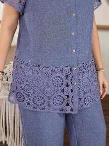 Lacomfia Ensemble 2 pièces grande taille couleur unie manches courtes patchwork dentelle décontracté femme été - Bleu azur - Voir 5
