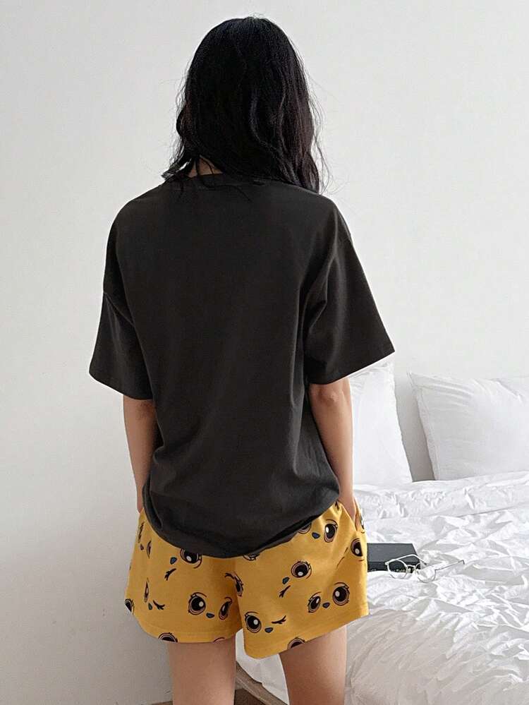 Casual Loose Lazy Summer Lightweight Cartoon Cat Print Short Sleeve T-Shirt And Shorts 2-Piece Pajama Set For Women