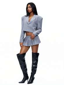 TypaGal 女士纯色单扣宽松长袖薄款西装外套 - 灰色 - 查看 4