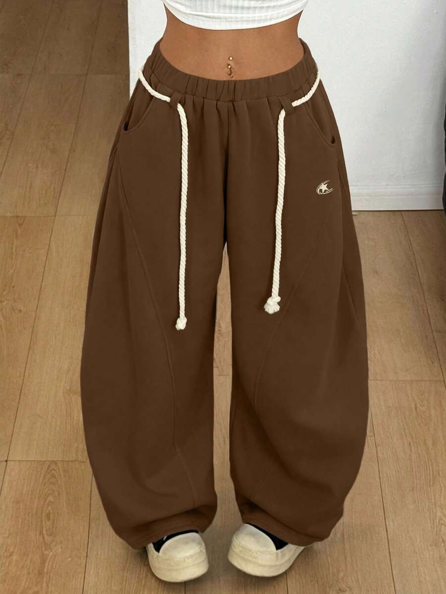 Coolane Quần nữ mùa Thu/Đông phong cách đường phố, thích hợp đi học, kiểu dáng preppy, ấm áp, thoải mái, màu xám Pháp, cạp chun, gấu quần cong. - màu nâu - Xem 1