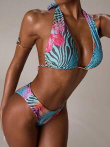 SHEIN BAE Women's Floral Print Halter Tie Front Bikini Set - Blue - View 6