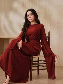 Graceveil Women's Elegant Burgundy Long Sleeve Dress,Autumn Modest Dining Twist Front Pleated Round Neck Fitted Solid Color Maroon Dark Red Dress - Brown - View 7