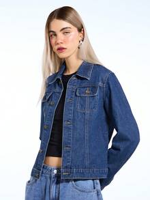 COUREZ Oversized Denim Jacket For Women,Navy Blue Autumn Casual Everyday Mid Blue Wash Y2K Spring Streetwear Street Party Rave Summer Jackets - Blue - View 6