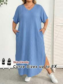SHEIN CURVE+ 大码女式时尚通勤休闲口袋设计分体睡袍，春夏款 - 淺藍色 - View 1