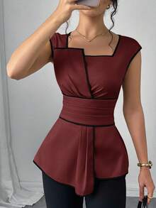 SHEIN Clasi Women's Contrast Trim Square Collar Asymmetric Hem Fitted Blouse - Burgundy - View 7