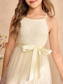 Girls' Elegant Minimalist Round Neck Sleeveless Waist Cinched Long Lace Patchwork Multi-Layer Tulle Solid Green Summer Dress, Flower Girl Dress For Wedding Junior Bridesmaid Dress Young Girl Elegant Dress Ivory Dress Girls Cream Dresses For Girls - Apricot - View 7