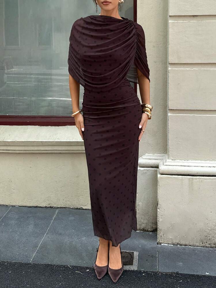 Siren Gaze Vestido de verano elegante con pliegues y lunares para mujer - Marrón - Ver 4