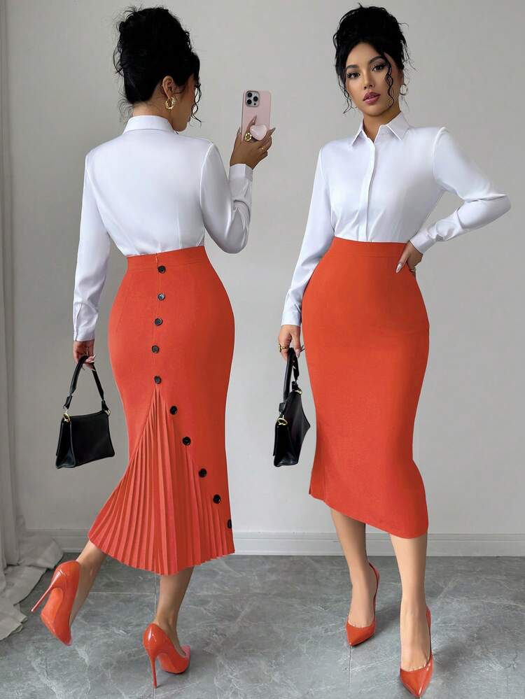 Elenzga Women's Elegant Fitted Pleated Pencil Skirt - Orange - View 4
