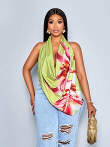 SOLERSUN Plus Size Sexy And Elegant Seaside Party Vacation Print Beach Top Ladies Spring And Summer Halter Neck Top - Green - View 4