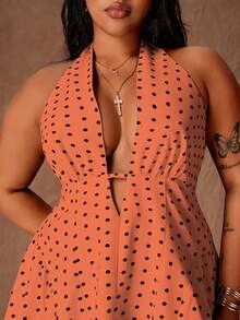 Rustia Gaun Mini Seksi Model A-Line Motif Polkadot untuk Wanita Ukuran Plus dengan Tali Leher - Jeruk - View 3