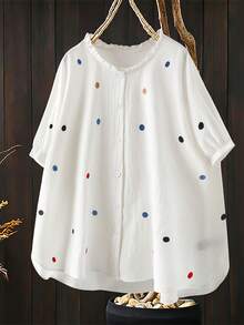 Linhara Kemeja Polkadot Ukuran Besar, Nyaman, Elegan, Kasual, Bergaya Sastra, Segar, Desain Serbaguna, Cocok untuk Liburan dan Kencan - Putih - View 1