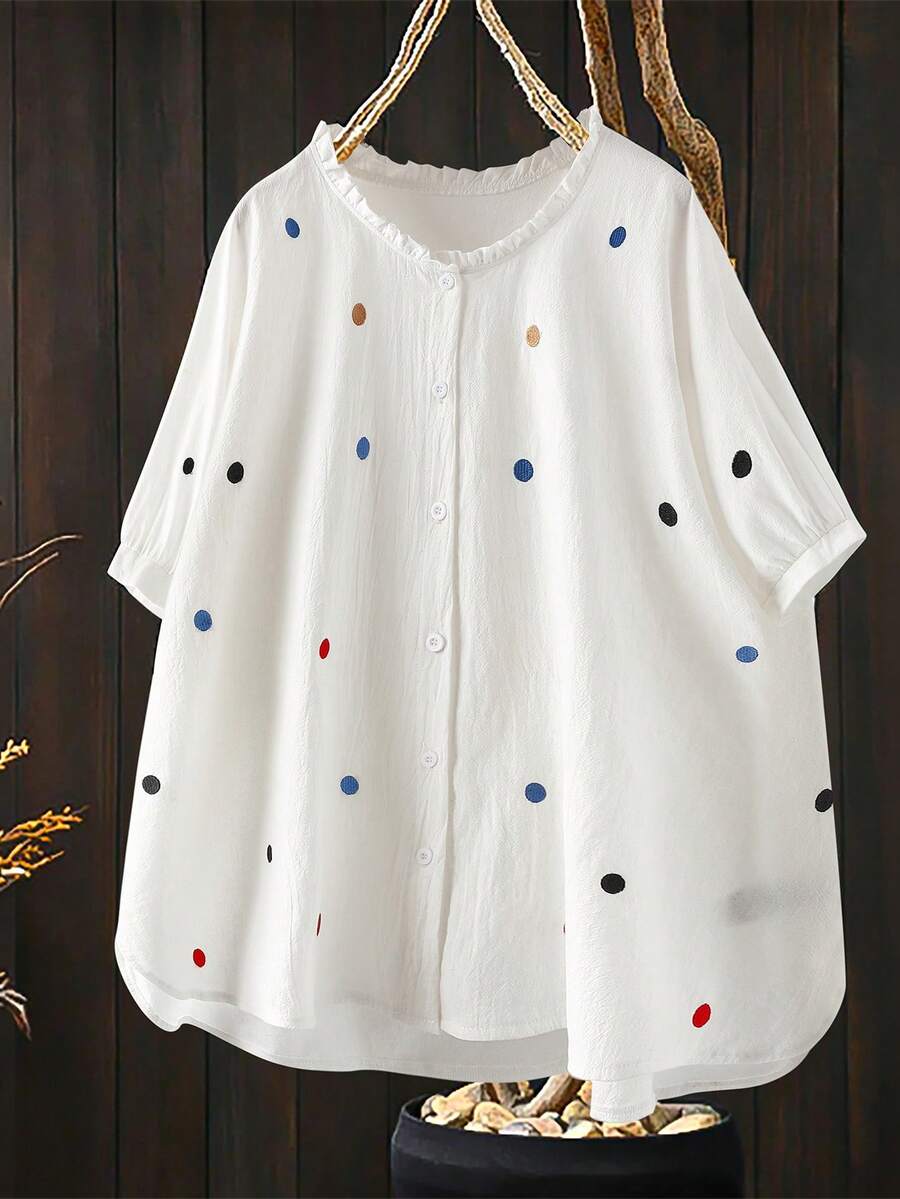 Linhara Kemeja Polkadot Ukuran Besar, Nyaman, Elegan, Kasual, Bergaya Sastra, Segar, Desain Serbaguna, Cocok untuk Liburan dan Kencan - Putih - View 1