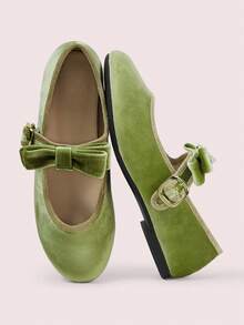 CUCCOO DOLLMOD French Word With Velvet Bow Mary Jane Female Retro Comfortable Women Wear Flat Dance Ballet Shoes Soft Sole Grandma Shoes Valentine's Day - Olive Green - View 2