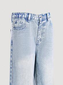 SHEIN Sparklyn Quần jeans ống đứng dáng rộng thoải mái màu xanh nhạt phối chỉ vàng thời trang cho bé gái, thích hợp cho các hoạt động thường ngày mùa xuân, thu, đông và ngoài trời. - Rửa nhẹ - Xem 5