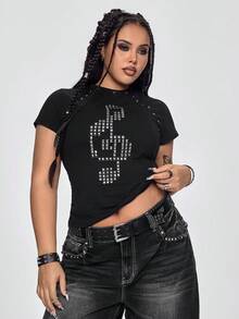 ROMWE Grunge Punk Spring/Summer Plus Size Black T-Shirt With Punk Music Note Rhinestone Grommets Valentine's Day - Black - View 6