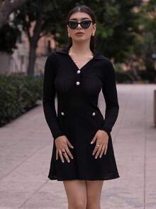 Andrea Bello 女士休闲针织长袖翻领纽扣设计连衣裙，秋冬 - 黑色 - 查看 4