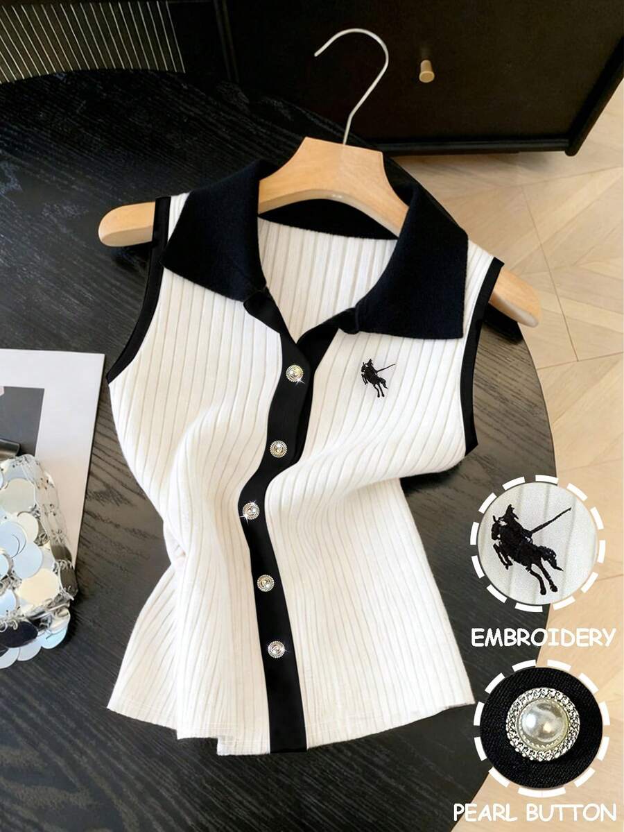 GlowEve Women's Casual Colorblock Button Front Tank Top, Summer - Black and White - View 1