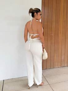 Maria Perezxox Setelan 2 Potong Modis untuk Wanita, Terdiri dari Atasan Halter Longgar Warna Polos Gaya Prancis dengan Ikat Pinggang dan Celana Panjang Lebar yang Nyaman. - Aprikot - View 2