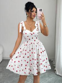 Elenzga 女士甜心领无袖草莓印花褶皱夏季迷你连衣裙 - 白色 - 查看 6