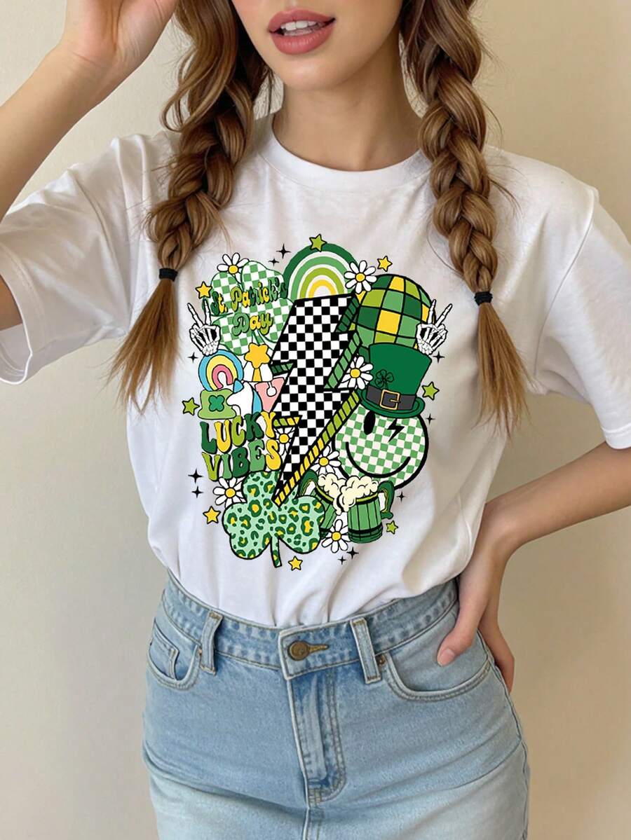 少女白色圆领短袖印花T恤，休闲舒适时尚百搭简约三叶草和人脸图案短袖印花T恤，适合日常穿着、上学、外出、度假 - 白色 - 查看 1