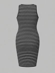 Modmama Maternity Solid Color + Striped Print Fitted Sleeveless Dress - Black - View 4