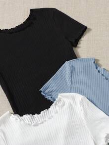 SHEIN EZwear 夏季三件套荷叶边罗纹针织修身打底衫T恤 可爱女式上衣 罗纹上衣 可爱休闲上衣 可爱短袖上衣 棉质短袖上衣 女式上衣 荷叶边上衣 罗纹针织上衣 - 霧霾藍 - 查看 6